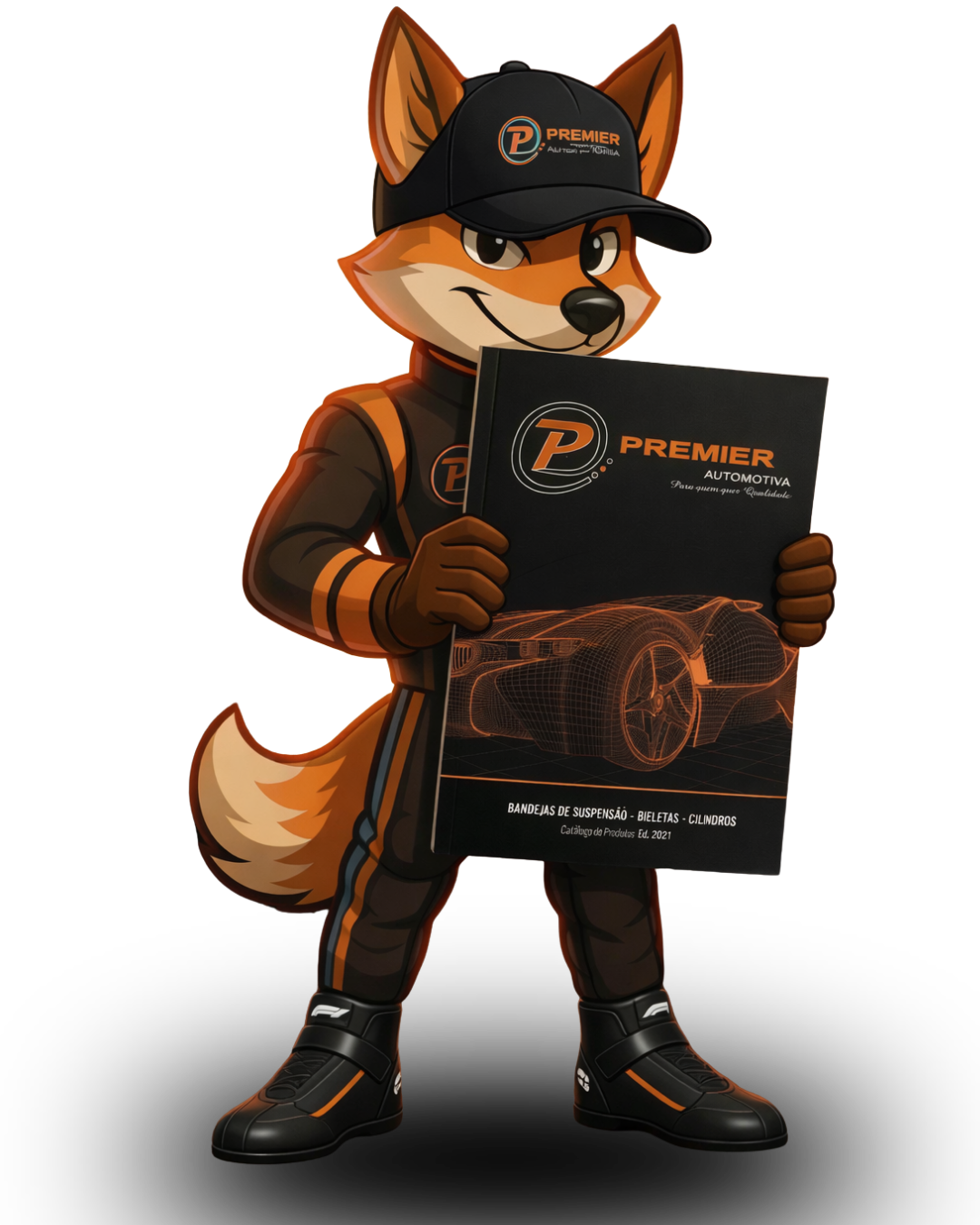 Mascote Premier segurando catálogo